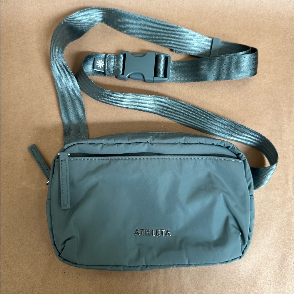 Athleta All About Crossbody Belt Bag in Pastel Teal. 7” by 4.5” by 2”